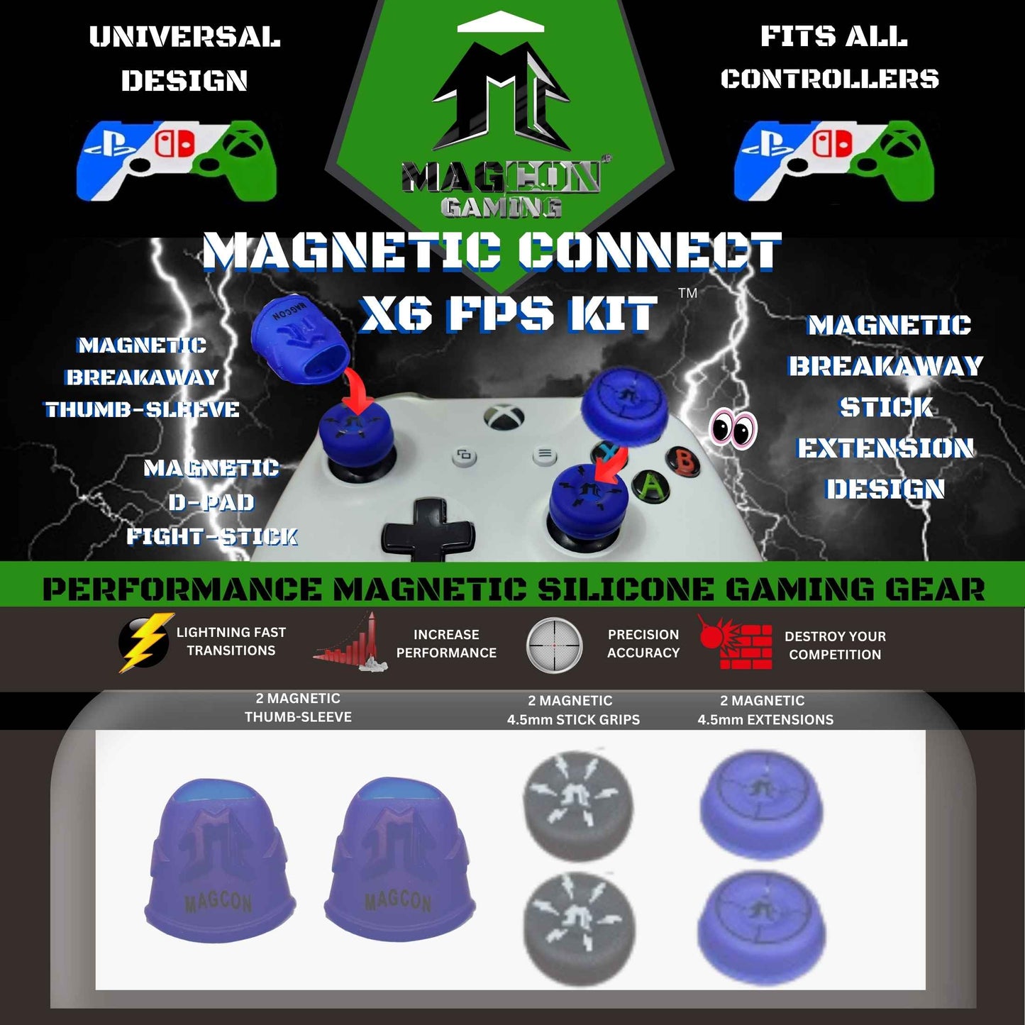 MagCon Gaming | X6 Magnetic Connect FPS Kit | Gamer Thumb | Universal Thumbstick Grips | Performance Thumbstick Covers