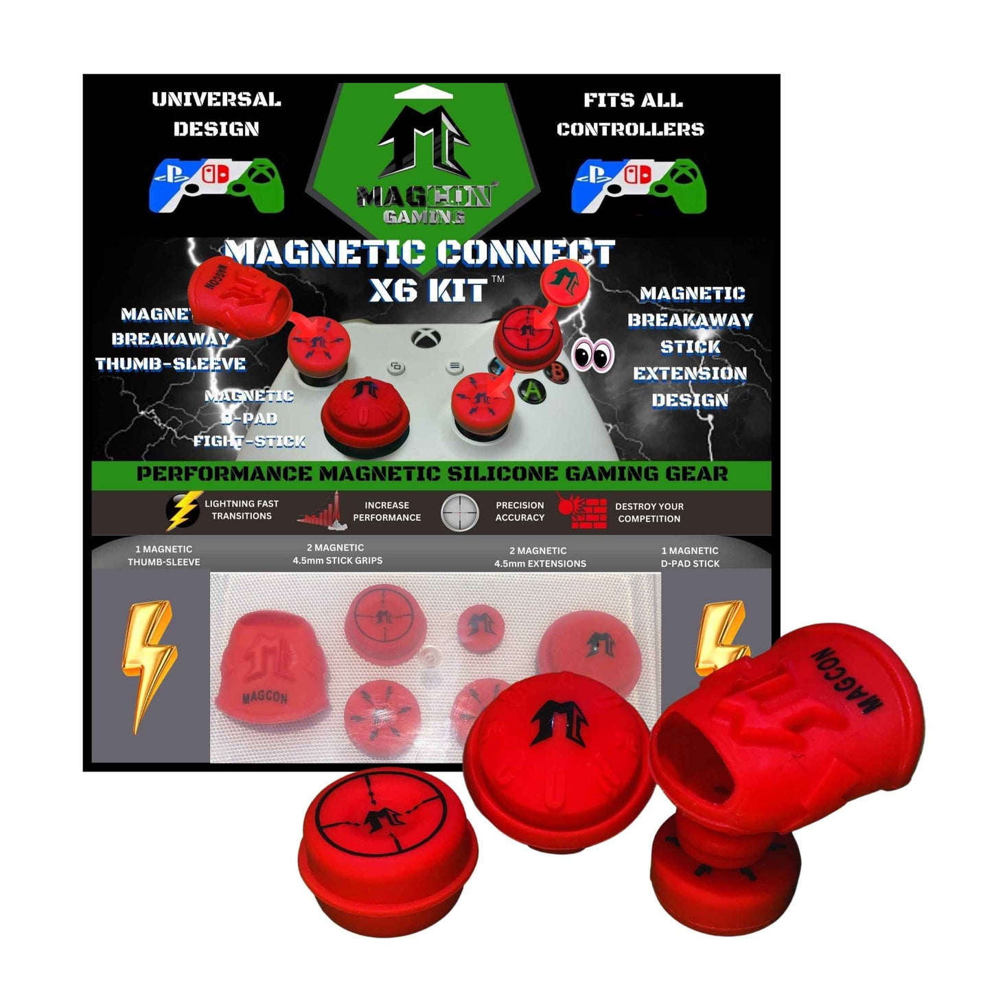 MagCon Gaming |  Magnetic Connect X6 Kit | Universal Thumbstick Grips | Performance Thumbstick Covers