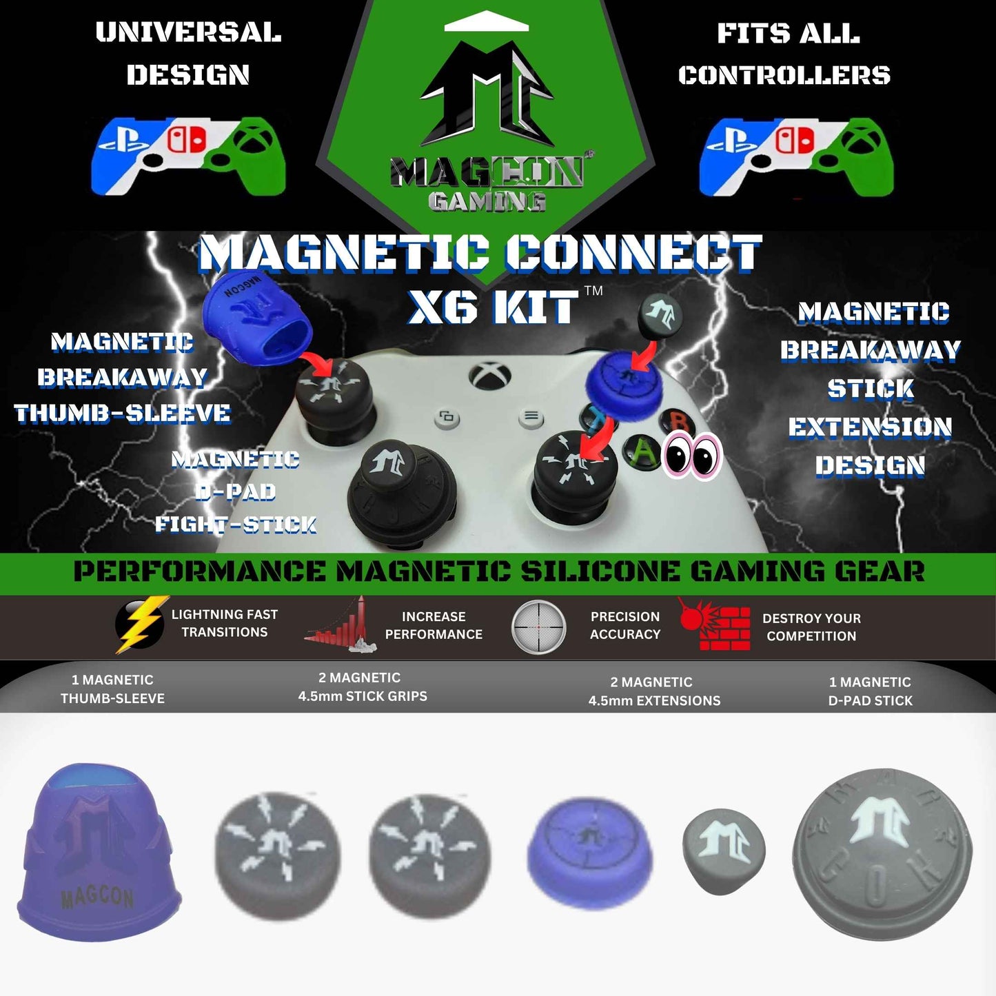 MagCon Gaming |  Magnetic Connect X6 Kit | Universal Thumbstick Grips | Performance Thumbstick Covers