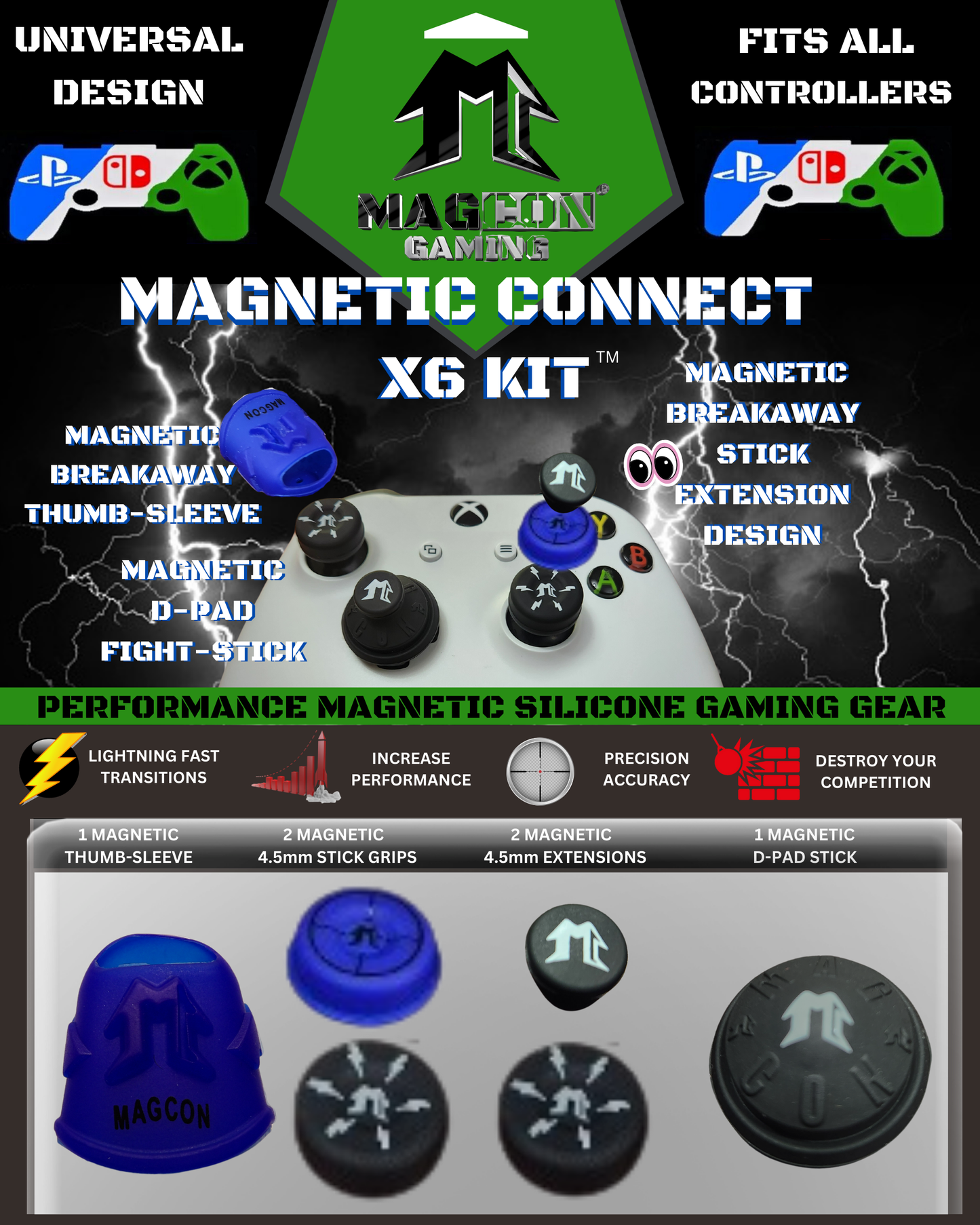 MagCon Gaming |  Magnetic Connect X6 Kit | Universal Thumbstick Grips | Performance Thumbstick Covers